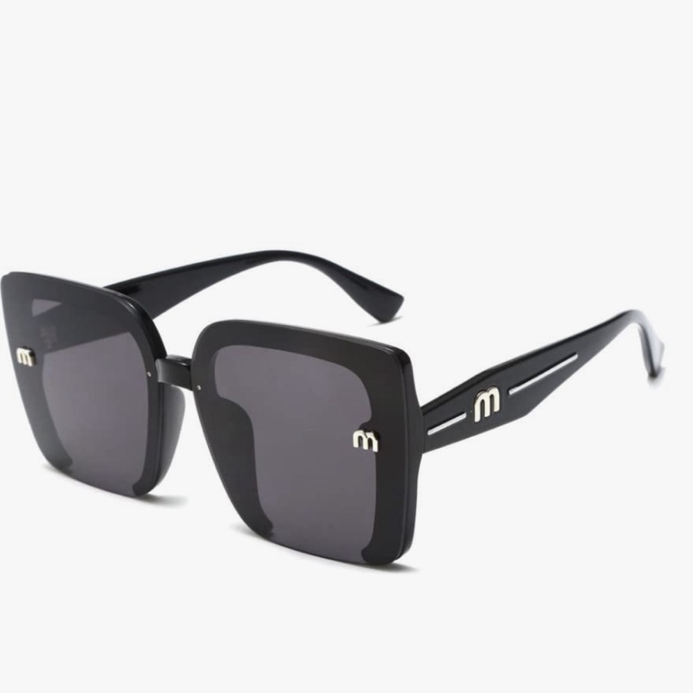 Oversized Black Square Sunglasses Silver M Logo UV Protection Chic Trendy Shades